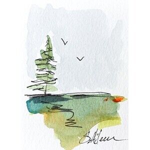 ACEO Landscape Painting Watercolor Ink Pine Trees Birds in Sky Green III Signed